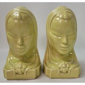 Pair Art Deco Ceramic Figural Lamp Bases Female Bust Asian Chartreuse Green